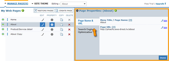 Manage Pages Panel